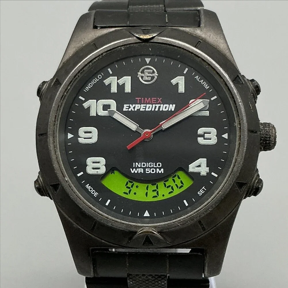 Timex Expedition Indiglo Men Watch 38mm Black Dial Analog Digital New Battery 7